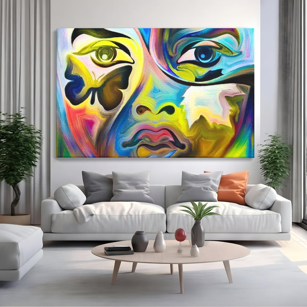 Tablou canvas cu tablou canvas cu chip abstract si fluture, fara rama, pe sasiu de lemn, pe perete intr-un living